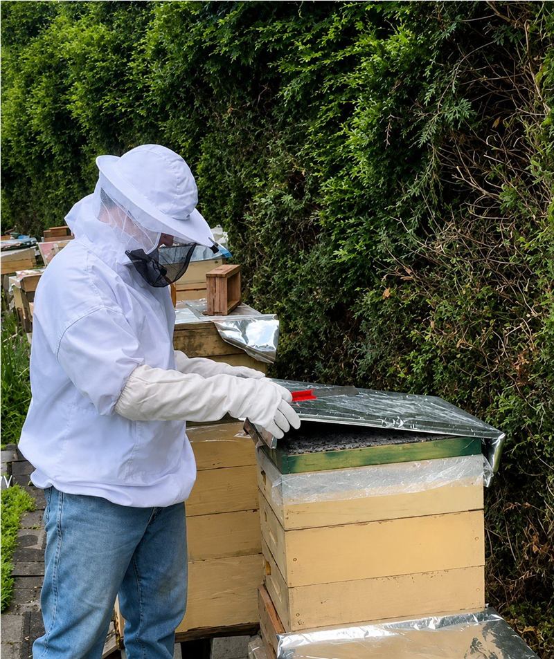 Beekeeper working with Queens Hive boxes